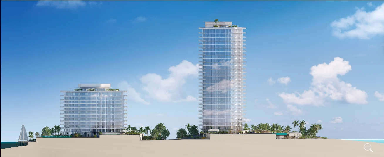 Architectural rendering of the Ritz-Carlton Residences Pompano Beach showing oceanfront and Intracoastal towers.